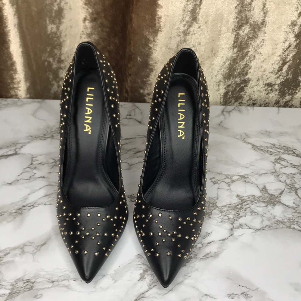 Black pointed toe stud detailed stiletto size 9 light gold